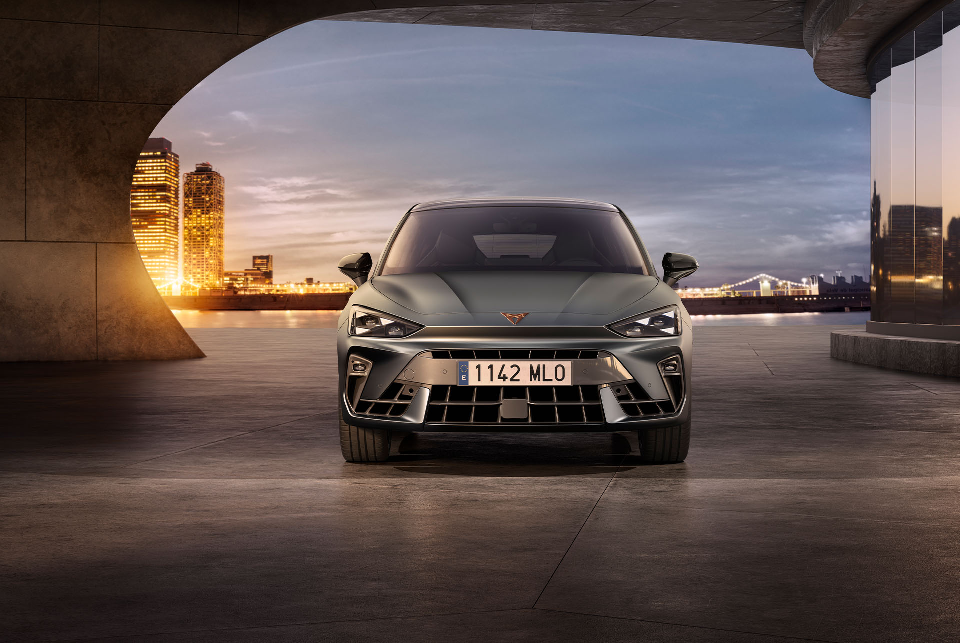 front view of new cupra leon 2024 car in dark atmosphere with ambient lighting.