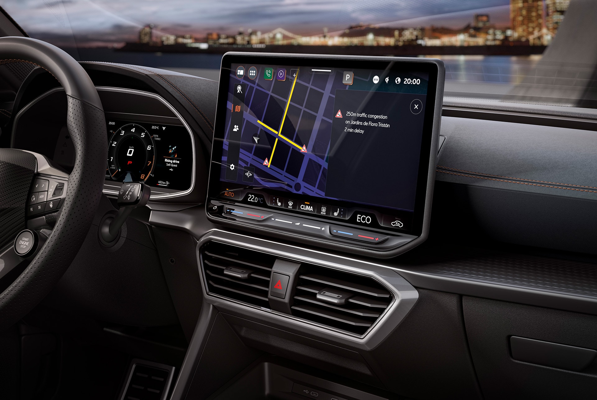  infotainment screen, wheel, dashboard and air vents of new Cupra Leon 2025 hybrid vehicle.
