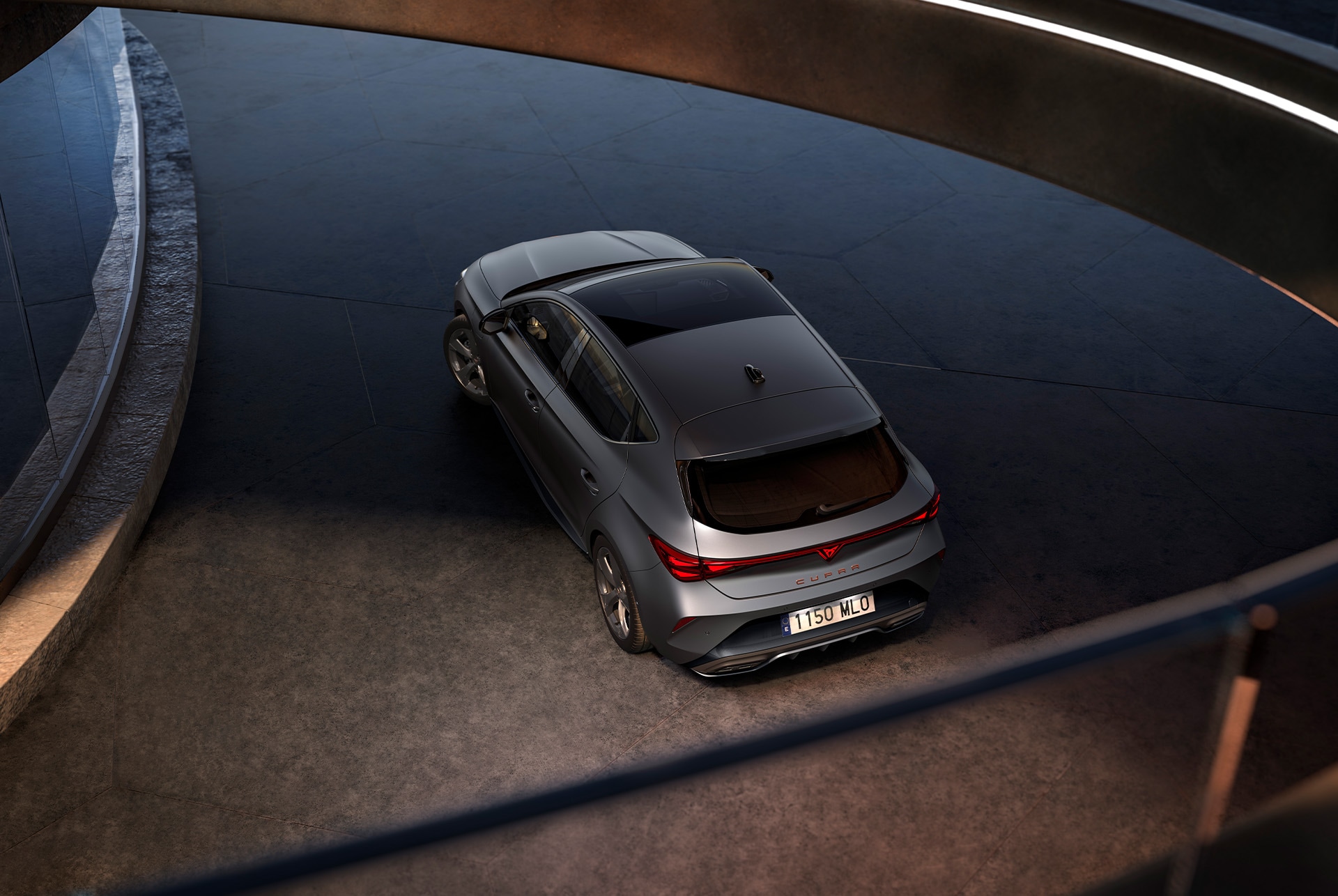 front view of new Cupra Leon 2025 car in dark atmosphere with ambient lighting.