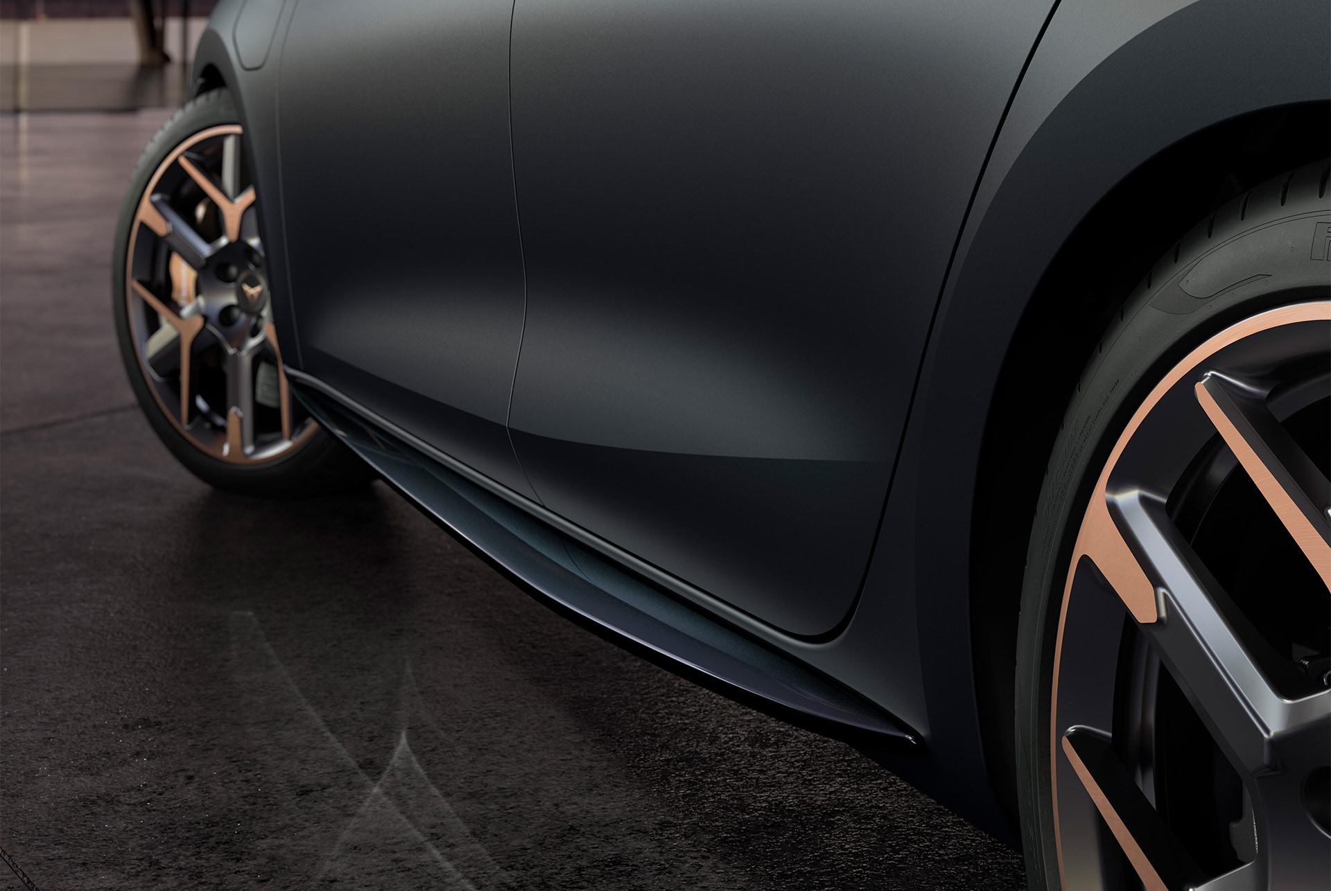 close up of door panel design for new Cupra Leon grey matt body door panels and hailstorm copper accent wheels and side skirt.