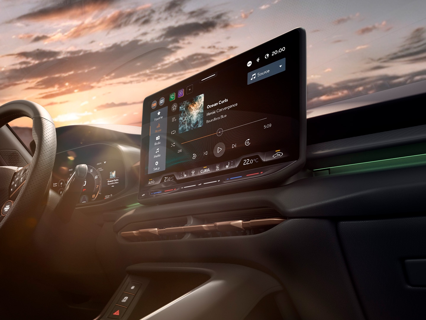 Nuovo  interno CUPRA Terramar con sistema di infotainment da 12,9 pollici, palette volante e cruscotto accentato in rame.
