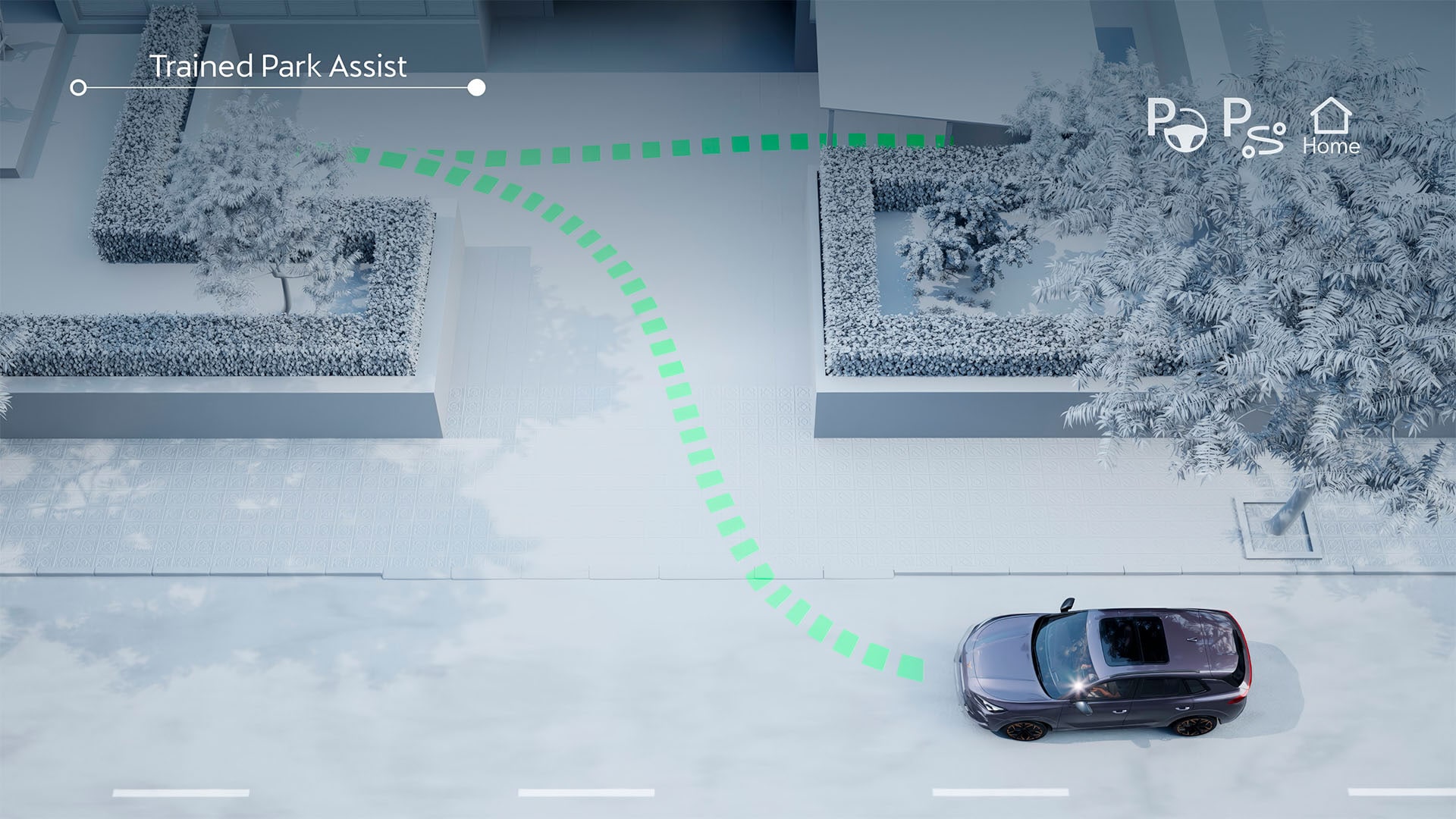 Animazione delle funzioni Intelligent Park Assist e Trained Park Assist nella CUPRA Terramar, con sistemi avanzati di guida semi-autonoma in parcheggio.