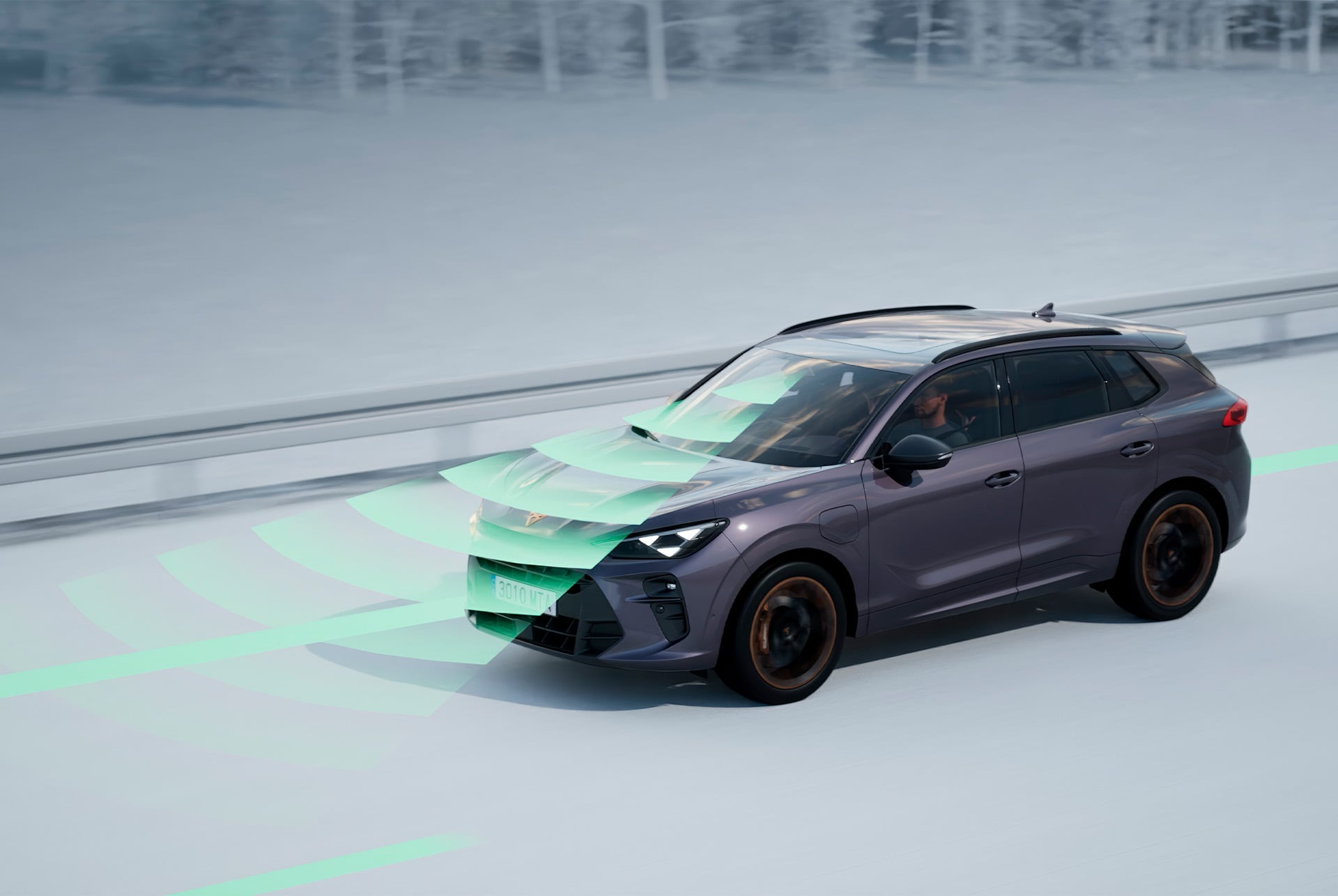 Animazione della funzione Travel Assist nella CUPRA Terramar, con sistemi avanzati di assistenza alla guida.