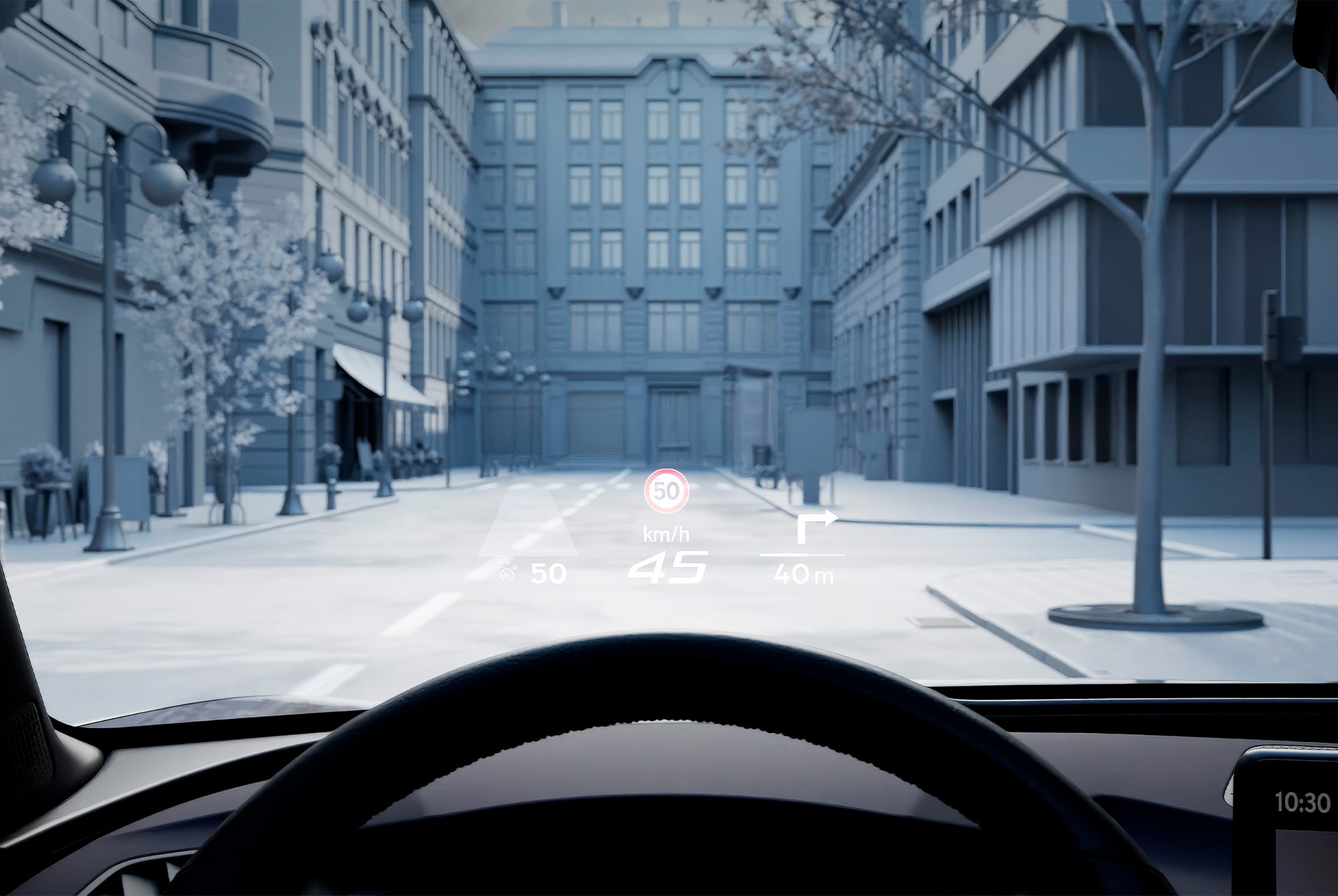 Animazione della funzione Head-Up Display nella CUPRA Terramar, con le informazioni rilevanti proiettate sul parabrezza.