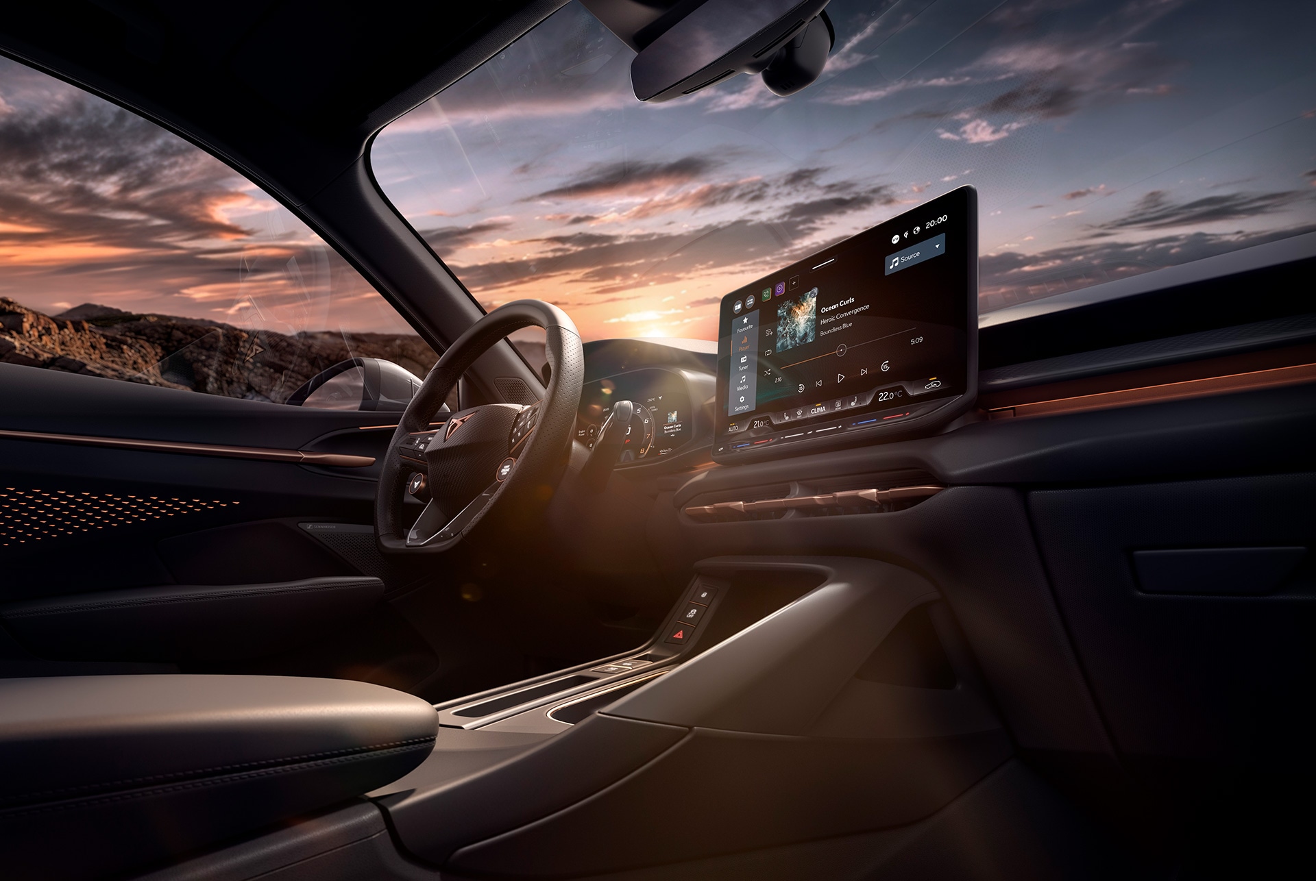 : tecnologia degli interni di nuova cupra terramar 2024 con sistema di infotainment da 12,9 pollici, volante riscaldabile con pulsanti satellitari e consolle centrale. vista del cruscotto. 