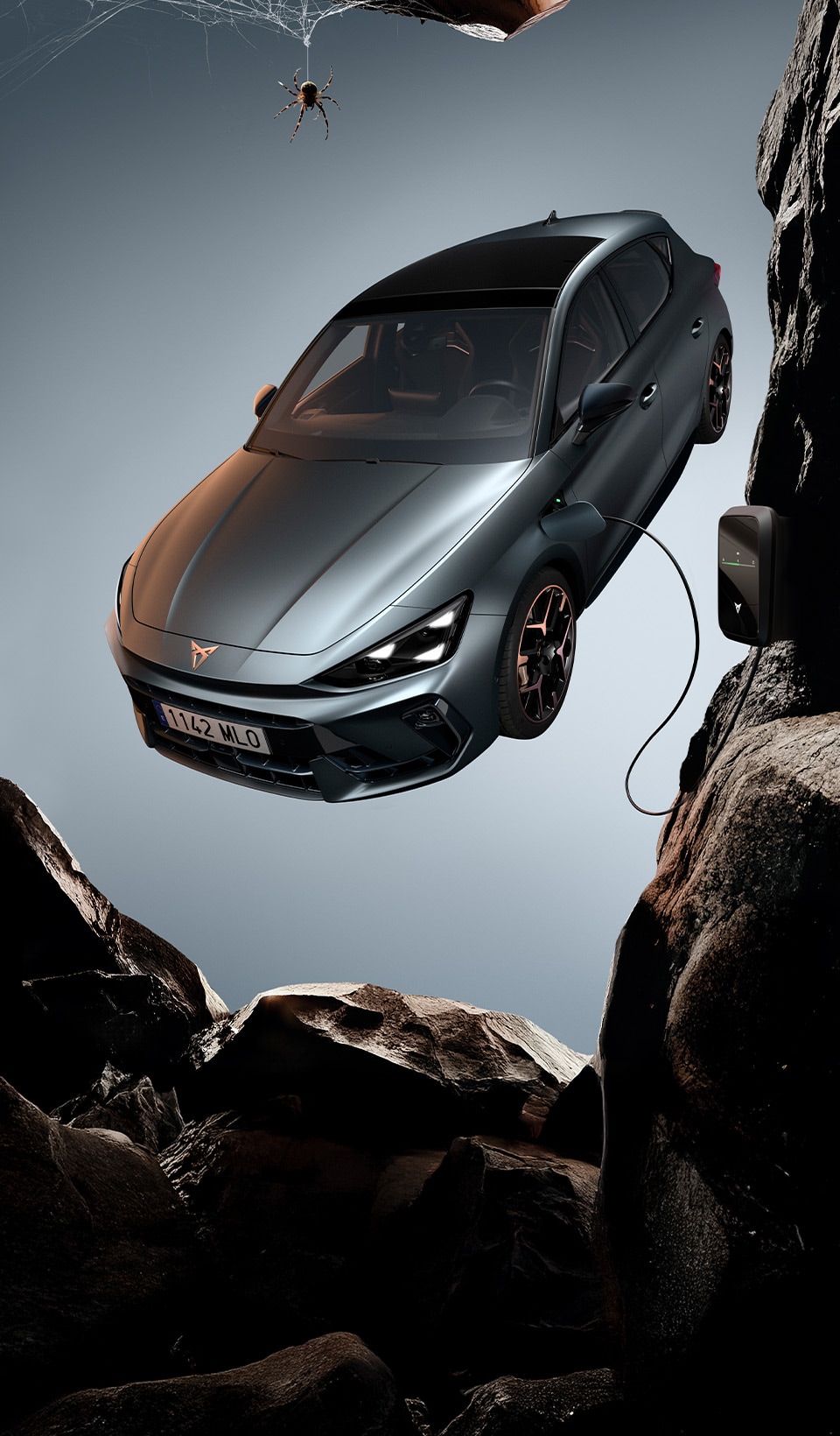 A dynamic scene featuring a CUPRA car in a sleek dark metallic color, positioned beside a blurred figure of a woman in a white dress using a VR headset and holding a conductor’s baton. 