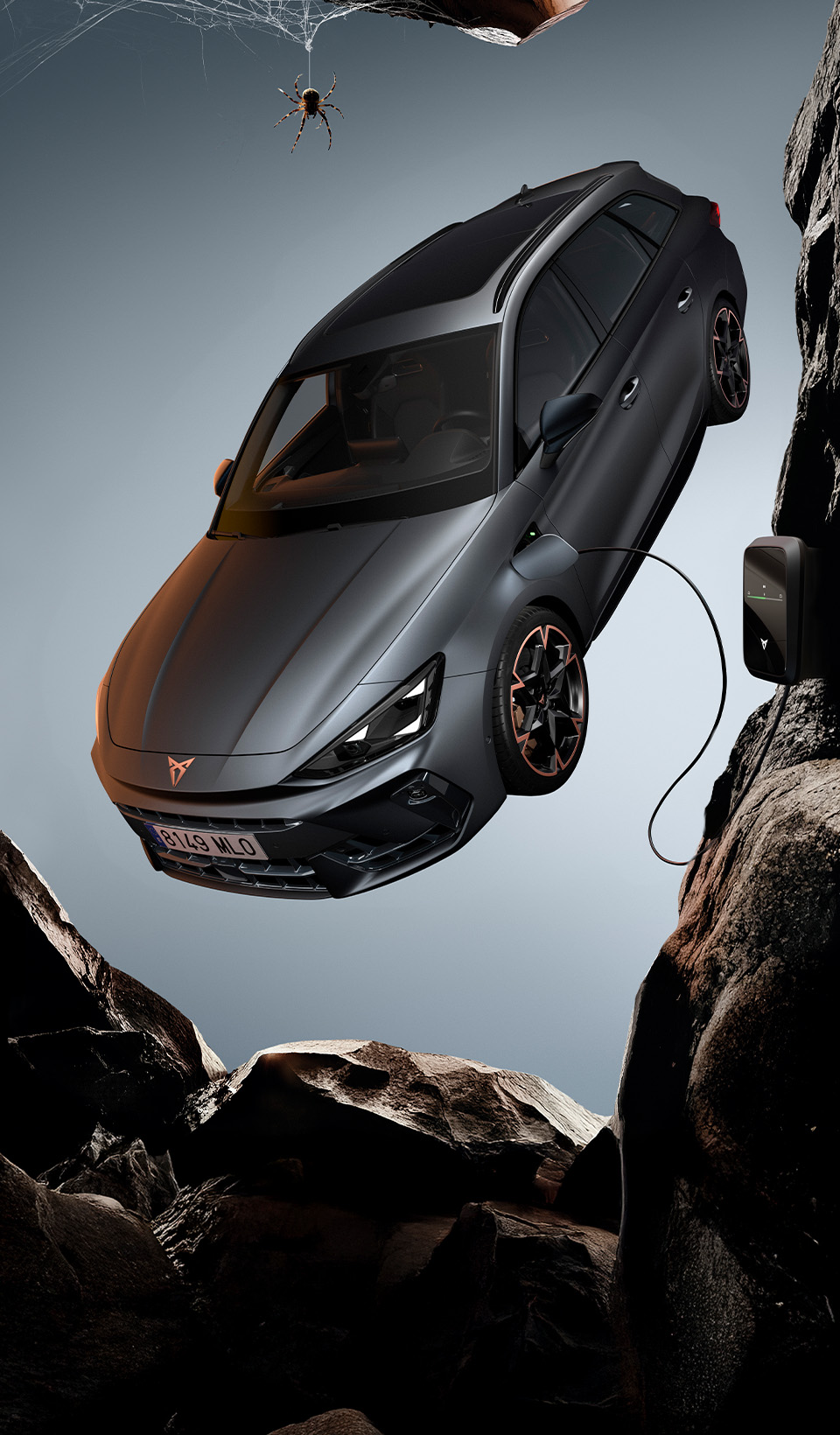 A blue CUPRA car in a surreal scene, superimposed in front of a group of people all facing away except for one man looking back at the viewer. 